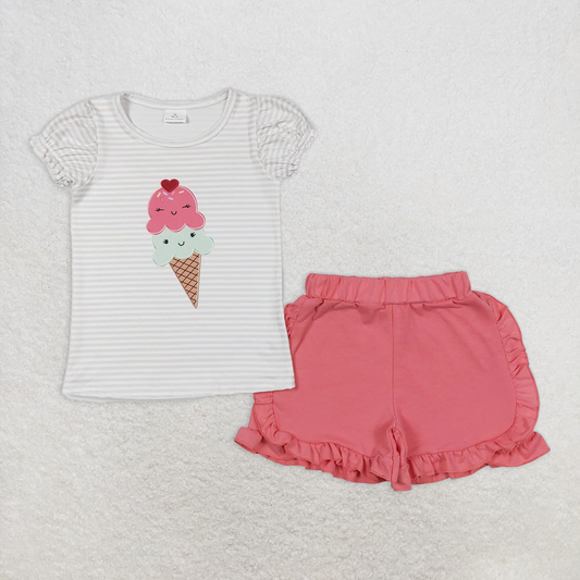 RTS NO MOQ Baby Girls Summer Sets GSSO0579 Popsicle Short Sleeve Shirt Top Ruffle Shorts Clothes Sets