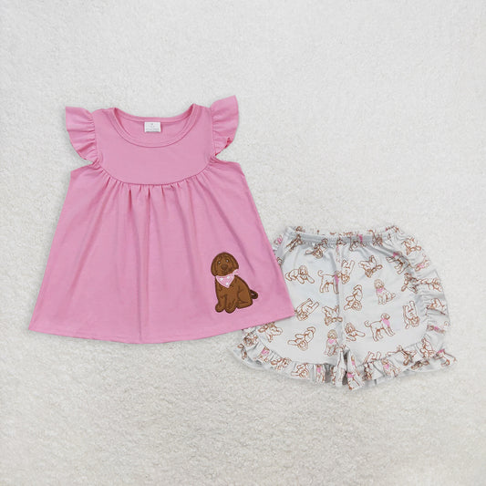 6.9 RTS NO MOQ Baby Girls Summer Sets GSSO0581 Pink Dog Tunic Top Ruffle Shorts Clothes Sets