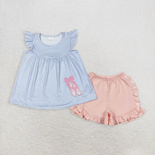 6.11 RTS NO MOQ Baby Girls Summer Sets GSSO0582 Dance Shoes Tunic Top Ruffle Shorts Clothes Sets