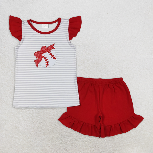 RTS NO MOQ Baby Girls Summer Sets GSSO0605 Grey Stripes Baseball Shirts Top Summer Shorts Clothes Sets