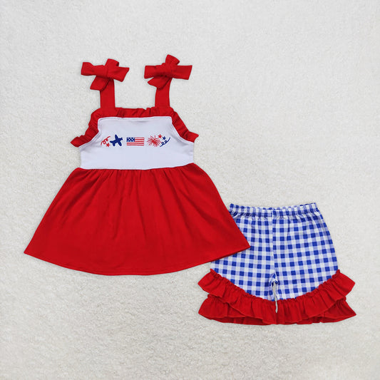 RTS NO MOQ Baby Girls Summer Sets GSSO0611 4th Of July Flag Red Straps Tunic Top Summer Shorts Clothes Sets