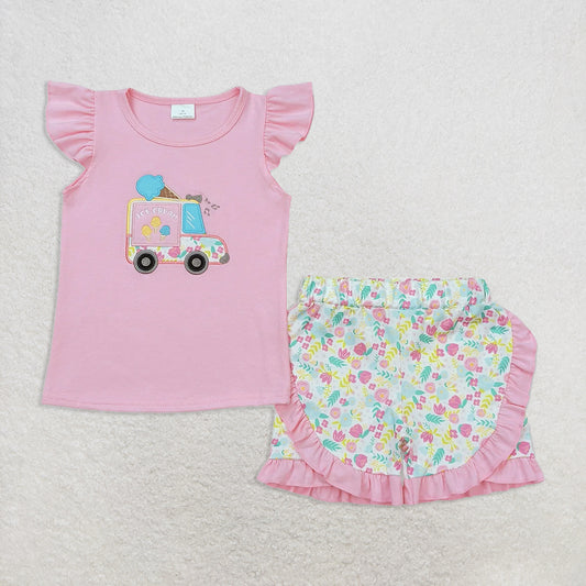6.16 RTS NO MOQ Baby Girls Summer Sets GSSO0644 Pink Flutter Sleeve Popstick Tunic Top Ruffle Shorts Clothes Sets