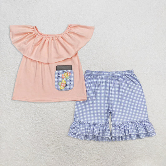 6.18 RTS NO MOQ Baby Girls Summer Sets GSSO0682 Off Shoulder Butterfly Tunic Top Ruffle Shorts Clothes Sets