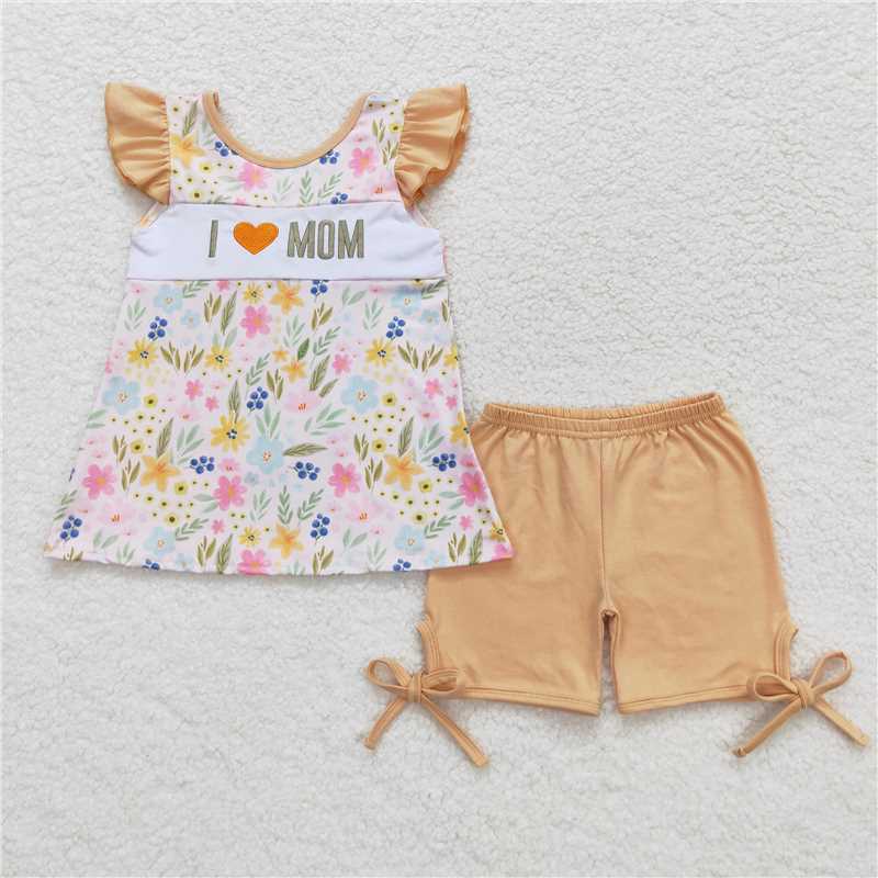 RTS NO MOQ Summer Sibling  Baby Girls I Love Mom Floral Sibling Sister Brother Shorts Clothes Sets