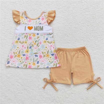 RTS NO MOQ Summer Sibling  Baby Girls I Love Mom Floral Sibling Sister Brother Shorts Clothes Sets