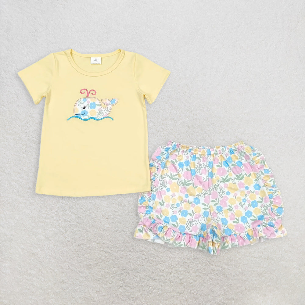 6.11 RTS NO MOQ Baby Girls Summer Sets GSSO0765 Whale Shirts Top Floral Ruffle Shorts Clothes Sets