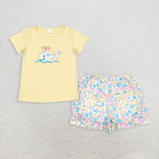 6.11 RTS NO MOQ Baby Girls Summer Sets GSSO0765 Whale Shirts Top Floral Ruffle Shorts Clothes Sets