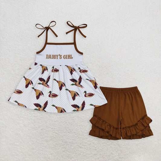 6.9 RTS NO MOQ Baby Girls Summer Sets GSSO0807 Daddy's Girl Duck Straps Tunic Top Ruffle Shorts Clothes Sets