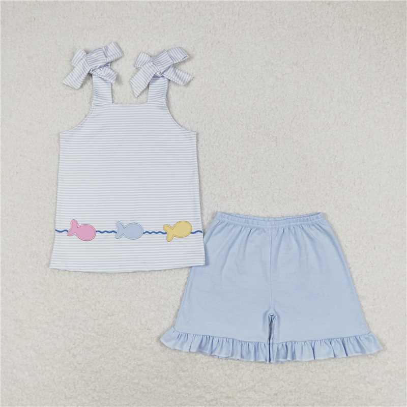 RTS NO MOQ Baby Girls Summer Sets GSSO0809 Fish Straps Tunic Top Ruffle Shorts Clothes Sets