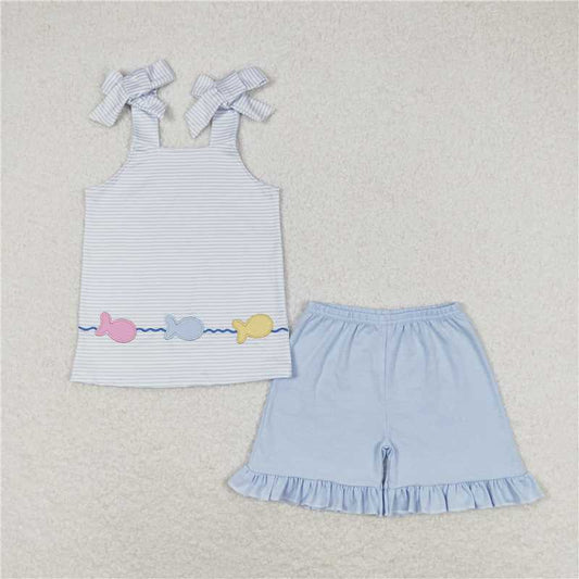 RTS NO MOQ Baby Girls Summer Sets GSSO0809 Fish Straps Tunic Top Ruffle Shorts Clothes Sets