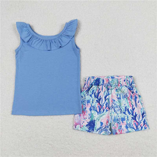RTS NO MOQ Summer Sibling  Baby Girls Shirt Top Water Flowers Shorts Dresses Clothes Sets