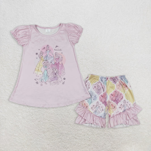 RTS NO MOQ Baby Girls Summer Sets GSSO0821 Pink Princess Short Sleeve Tunic Top Ruffle Shorts Clothes Sets