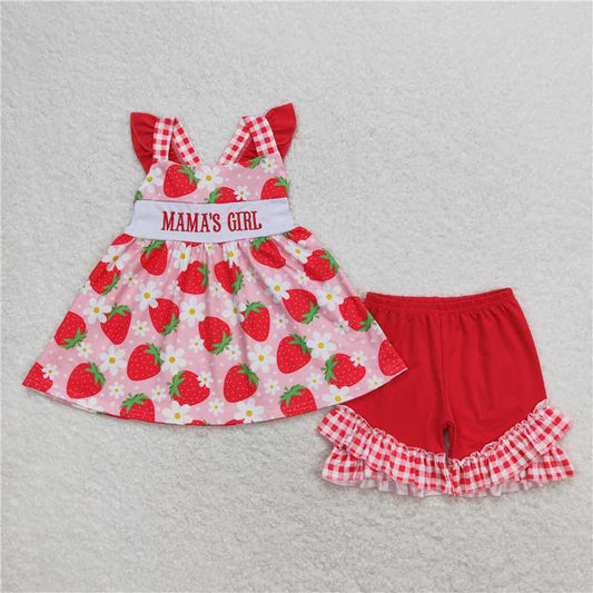 RTS NO MOQ Baby Girls Summer Sets GSSO0835 Mama's Girl Strawberry Tunic Top Ruffle Shorts Clothes Sets