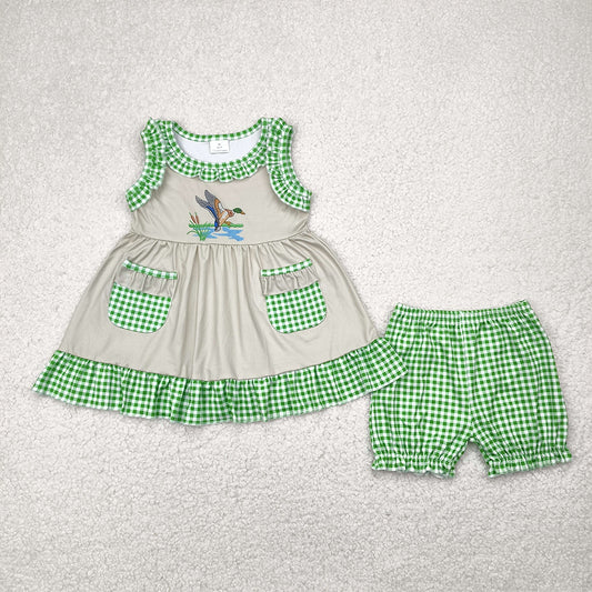 RTS NO MOQ Baby Girls Summer Sets GSSO0848 Duck Green Checkered Tunic Top Shorts Clothes Sets