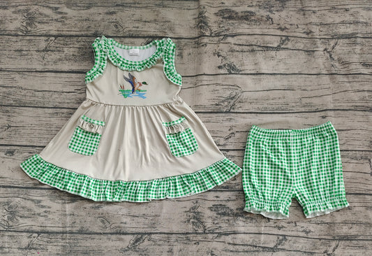 4.11  GSSO0848 Baby Girls Duck Green Checkered Tunic Top Shorts Clothes Sets Pre order