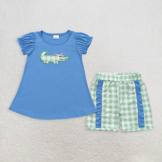 6.11 RTS NO MOQ Baby Girls Summer Sets GSSO0850 Crocodile Shirt Green Checkered Shorts Clothes Sets