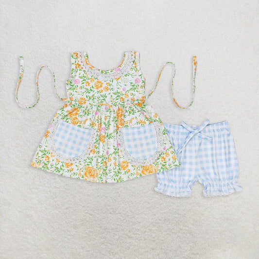 RTS NO MOQ Baby Girls Summer Sets GSSO0871 Yellow Flowers Pockets Tunic Top Ruffle Shorts Clothes Sets