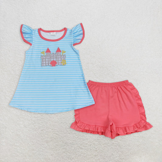 5.29 RTS NO MOQ Baby Girls Summer Sets GSSO0875 Blue Stripes Castle Tunic Top Ruffle Shorts Clothes Sets