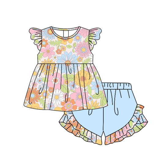 GSSO0925 Floral Girl Clothes Summer Short Sleeve Kid Clothing Sets