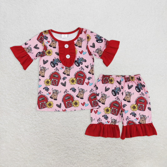 RTS NO MOQ Baby Girls Summer Sets GSSO0932 Red Farm Sunflower Shirt Top Ruffle Shorts Pajamas Clothes Sets