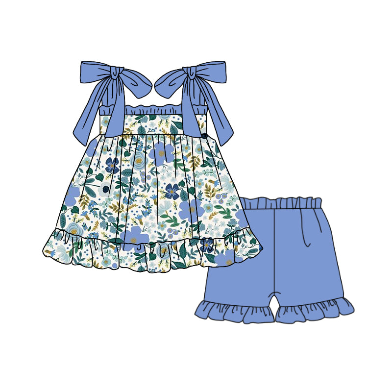 GSSO0936 Blue Floral Baby Girls Children Boutique Kid Clothing Set