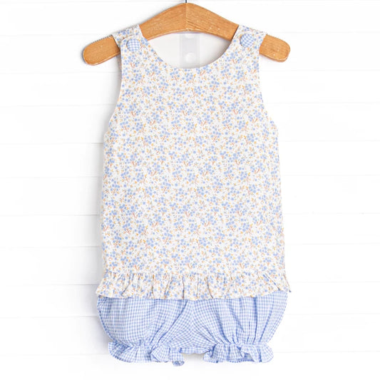 GSSO0980 Blue Floral Summer Short Sleeve Outfit Kid Clothing Sets