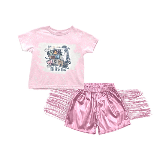 GSSO0986 Summer Pink Leather Short Sleeve Shirt Outfit Kid Clothing