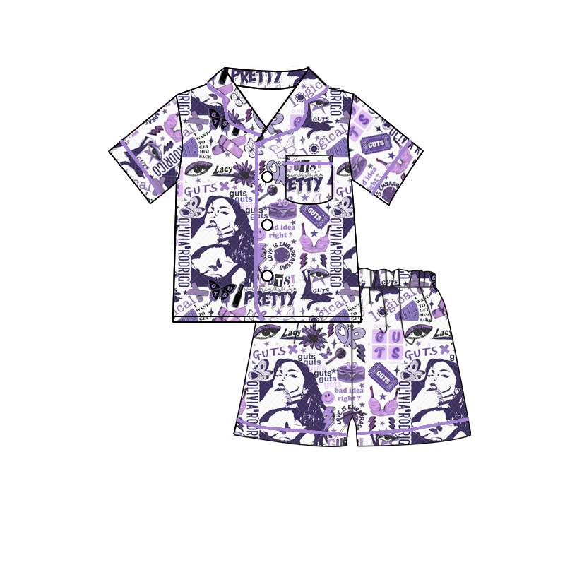 GSSO0988 Summer Purple Short Sleeve Shirt Outfit Kid Clothing