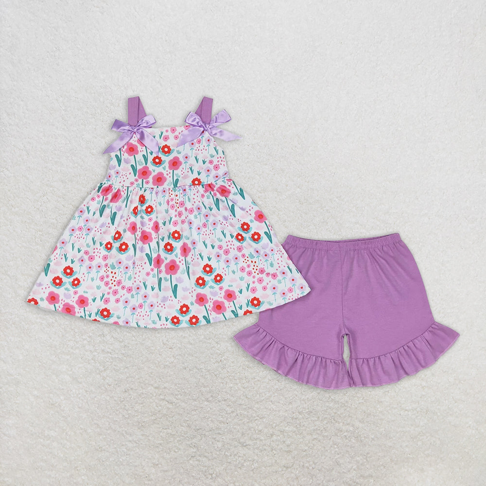 RTS NO MOQ Baby Girls Summer Sets GSSO0992 Pink Tulip Flowers Bows Tunic Shorts Clothes Sets