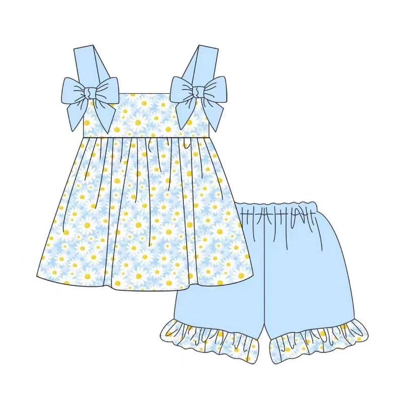 GSSO0993 Sky Blue Summer Floral Short Sleeve Outfit Kid Clothing