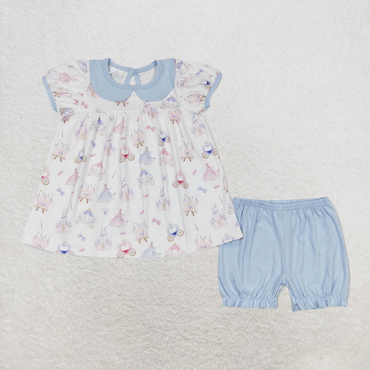 RTS NO MOQ Baby Girls Summer Sets GSSO1046 Princess Castle Tunic Ruffle Shorts Clothes Sets