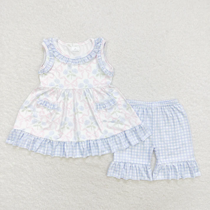 RTS NO MOQ Summer Sibling Baby Girls Bows Flowers Pockets Tunic Ruffle Shorts Clothes Sets Rompers