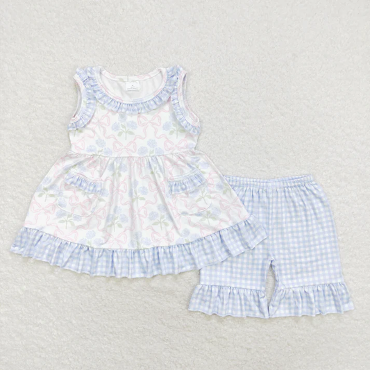 RTS NO MOQ Summer Sibling Baby Girls Bows Flowers Pockets Tunic Ruffle Shorts Clothes Sets Rompers