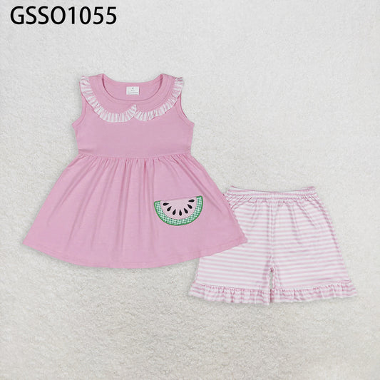 6.12 RTS NO MOQ Baby Girls Summer Sets GSSO1055 Watermelon Pink Tunic Top Ruffle Shorts Clothes Sets