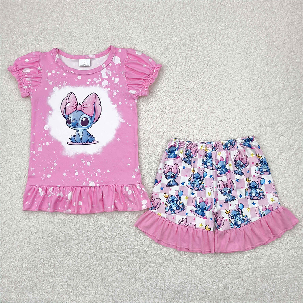 RTS NO MOQ Baby Girls Summer Sets GSSO1071 Pink bleached Mouse Top Shorts Clothes Sets