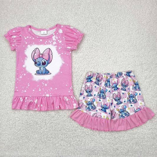RTS NO MOQ Baby Girls Summer Sets GSSO1071 Pink bleached Mouse Top Shorts Clothes Sets