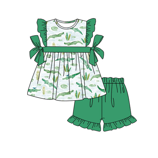 GSSO1117  Green Color Cute Kid Summer Clothing Children Shorts Sleeve Top Outfit