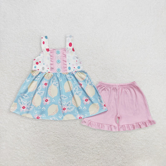 6.5 RTS NO MOQ Baby Girls Summer Sets GSSO1133 Lemon Straps Top Ruffle Shorts Clothes Sets