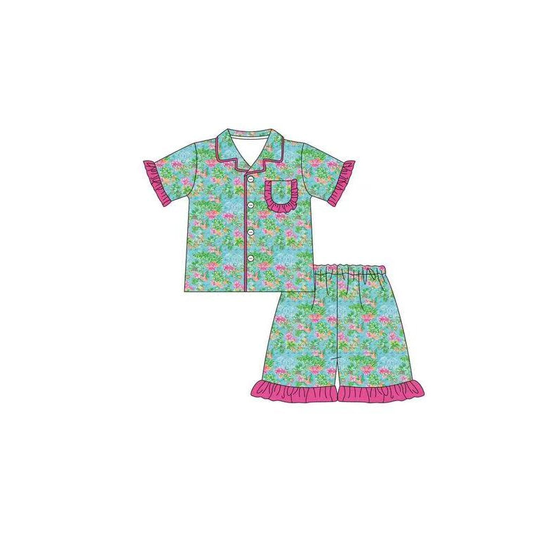 GSSO1163 Floral  Summer Short Sleeve Shirt Outfit Kid Clothing