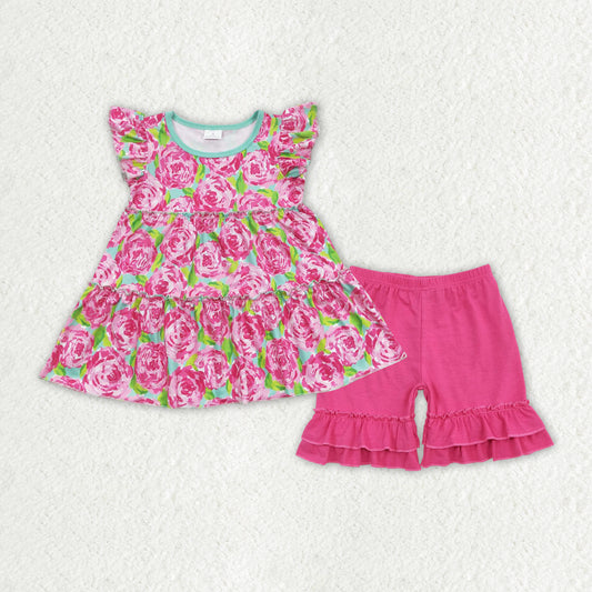 GSSO1172 Floral Cute Summer Short Sleeve Outfit Kid Clothing