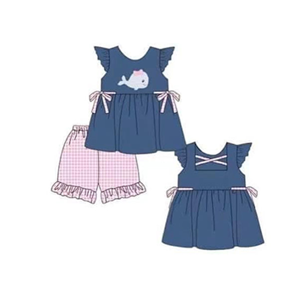 GSSO1188 Navy Blue Girl Summer Short Sleeve Outfit Kid Clothing Sets