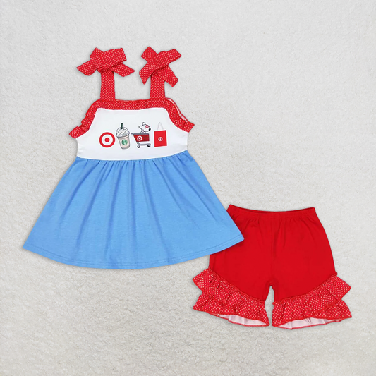 RTS NO MOQ Baby Girls Summer Sets GSSO1205 Coffee Cart Straps Tunic Ruffle Shorts Clothes Sets