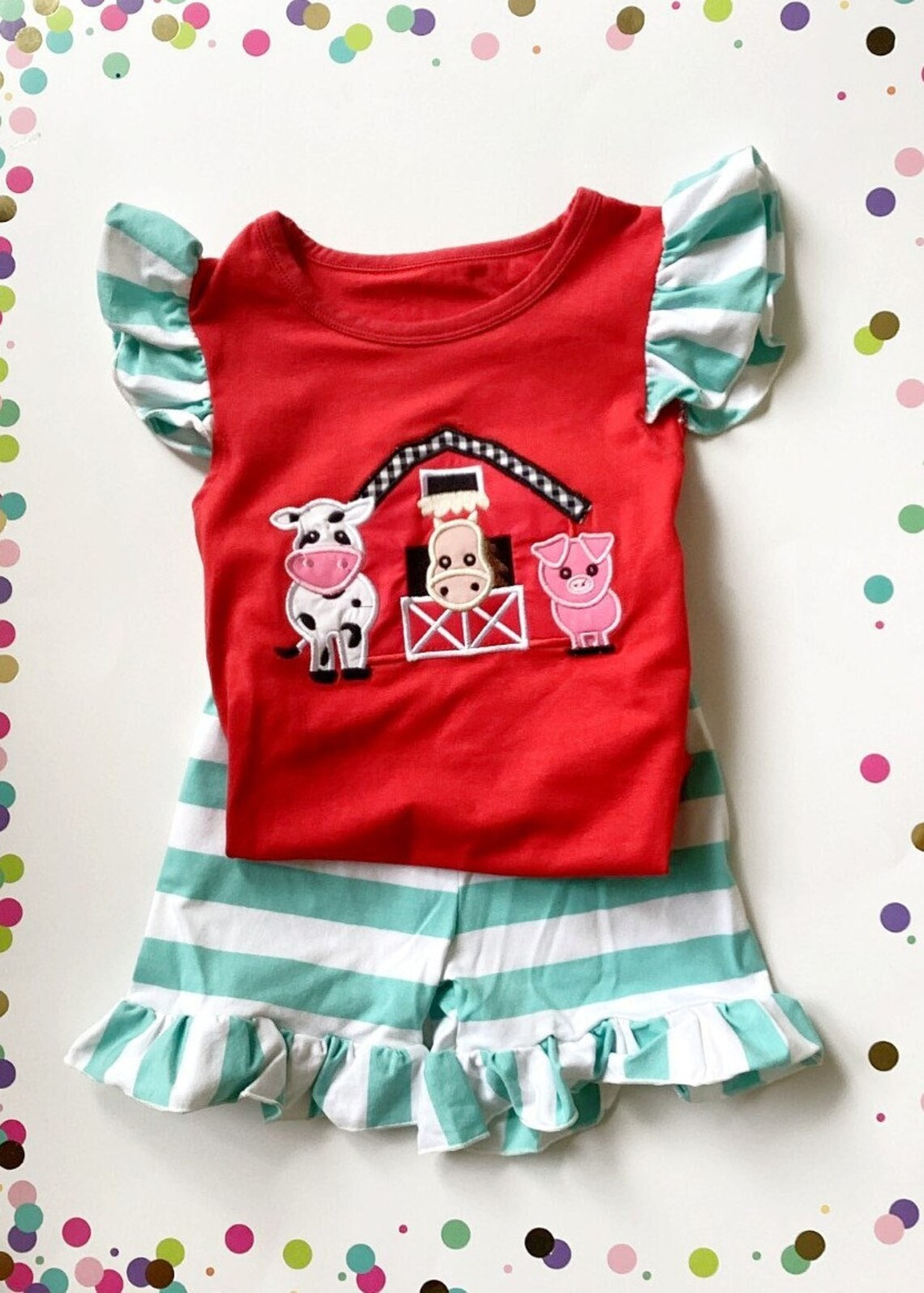 GSSO1224 Red Farm Girls Clothes Summer Short Sleeve Outfit Kid Clothing Set