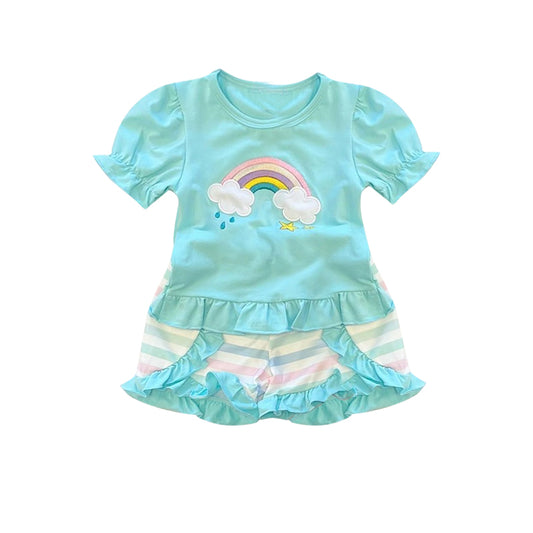 GSSO1227 Rainbow Blue Girls Clothes Summer Short Sleeve Outfit Kid Clothing Sets