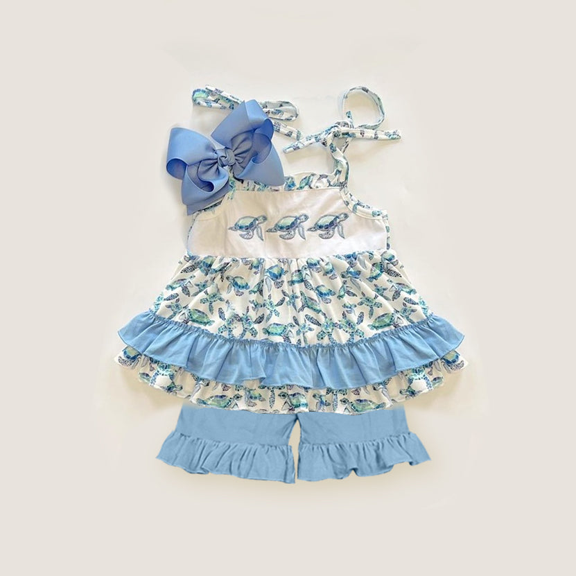 GSSO1241 Blue Cotton Girl Clothes Summer Short Sleeve Kid Outfit