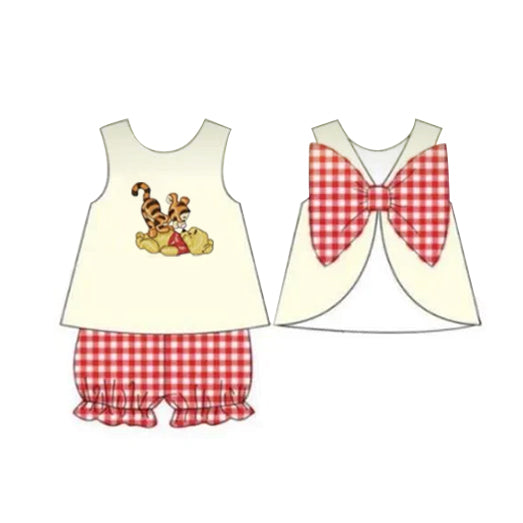 GSSO1282 Red Plaid Girl Clothes Summer Short Sleeve Kid Clothing Set Boutique Outfits