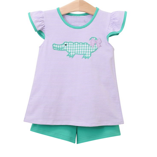 GSSO1286 Crocodile Girl Clothes Summer Short Sleeve Kid Clothing Set Boutique Outfit