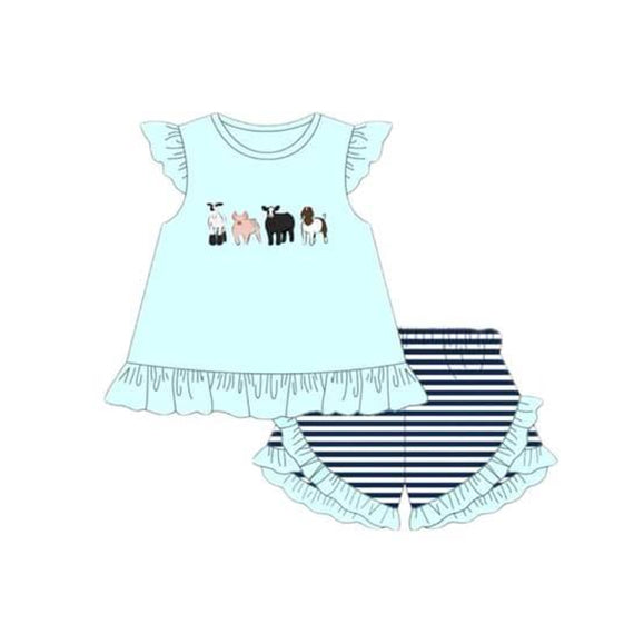 GSSO1290 Blue Cow Summer Short Sleeve Kid Clothing Set Boutique Outfits