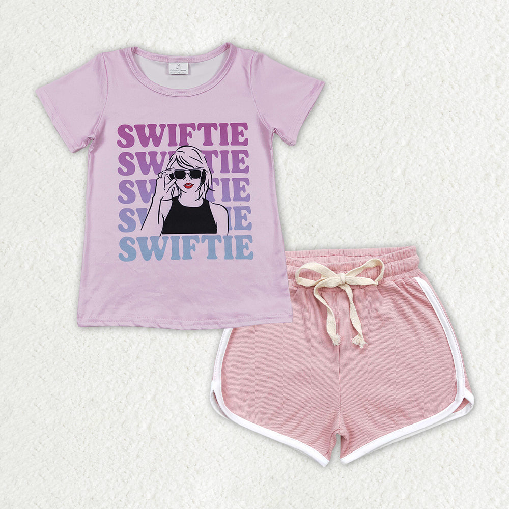 GSSO1314 Baby Girls Baby Purple Swiftie Singer Top Light Pink Shorts Outfit