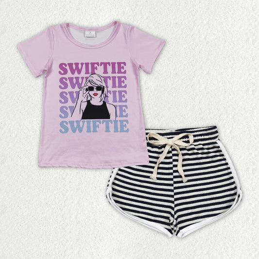 GSSO1316 Baby Girls Baby Purple Swiftie Singer Top Black Striped Shorts Outfit